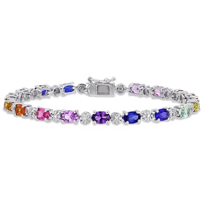 Miadora Sterling Silver Multi-Color Created Sapphire and Diamond Tennis Bracelet