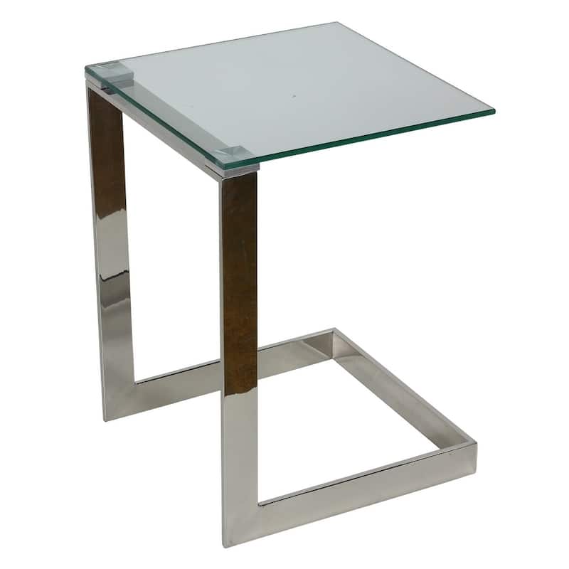 Cortesi Home Zulu End Table, Stainless Steel with Glass Top, C Shape 16x16