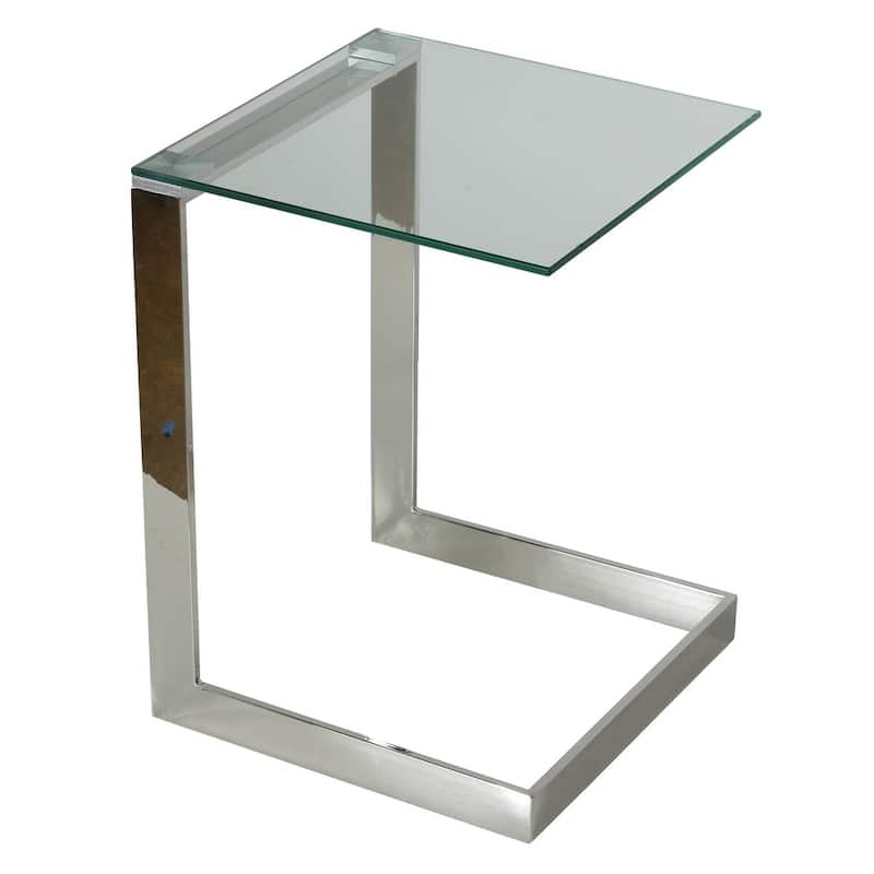 Cortesi Home Zulu End Table, Stainless Steel with Glass Top, C Shape 16x16