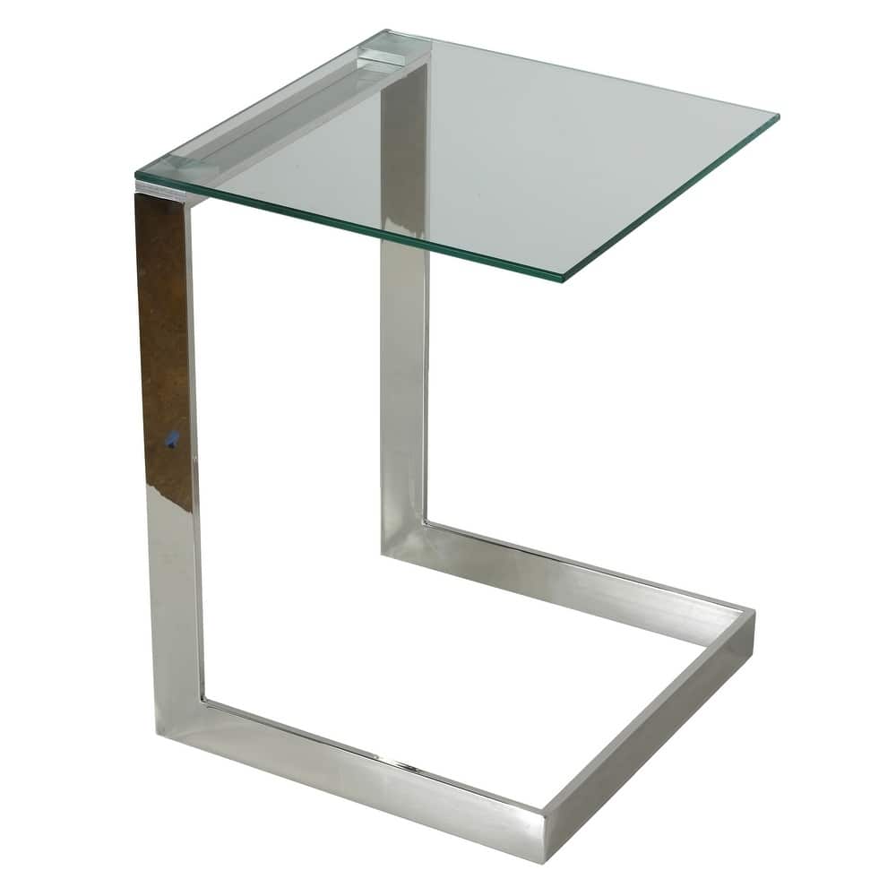 Cortesi Home Zulu End Table, Stainless Steel with Glass Top, C Shape 16x16