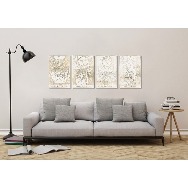 Oliver Gal 'Tarot Cards Set of 4'' Spiritual and Religious Wall Art Canvas Prints - Gold, White - 16 x 24 x 4 Panels