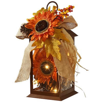 12" Decorated Autumn Lantern with LED Lights