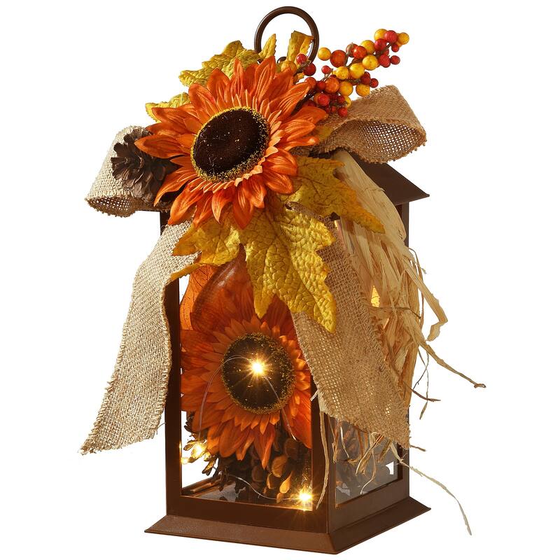 National Tree Company Harvest Lantern with Sunflower Blooms, Leaves, Pinecones, Berry Clusters, LED Lights, 12 in. - 12 in