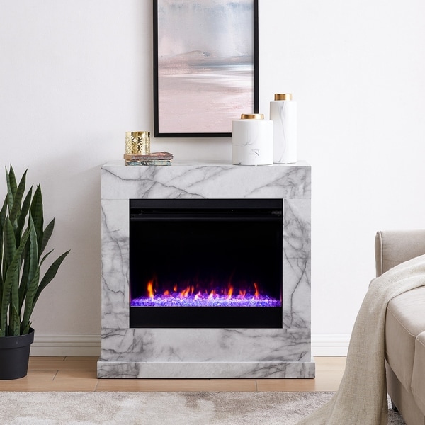 Dejon Contemporary White Stone Color Changing LED Fireplace
