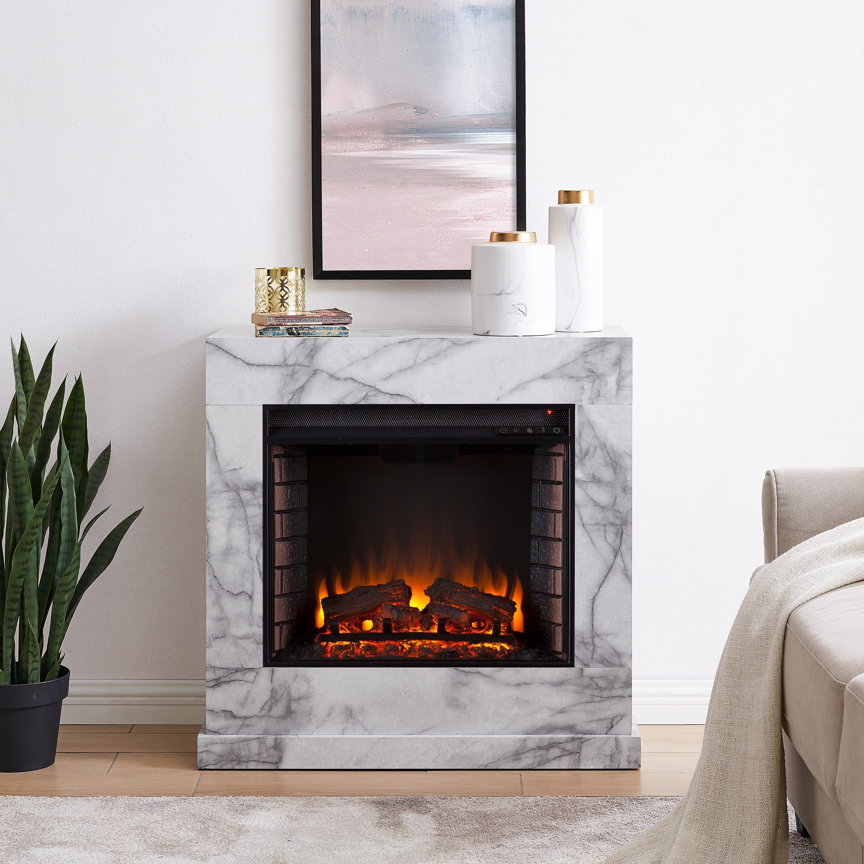 Shop Dejon Contemporary White Stone Electric Fireplace On Sale