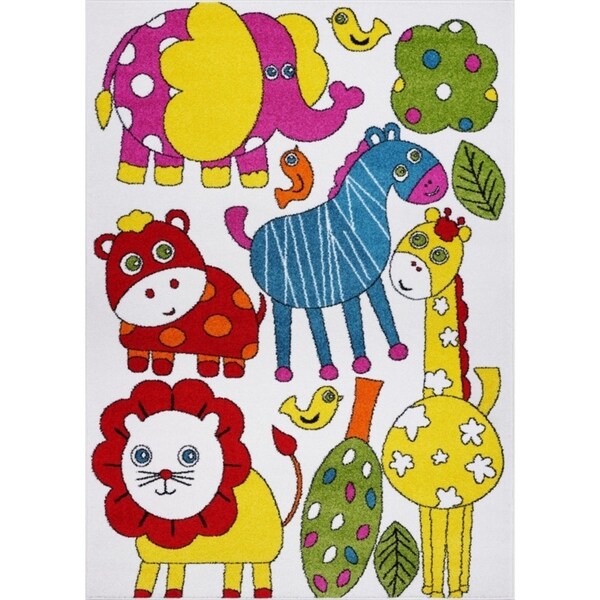 LaDole Rugs Cartoonish Animals Theme Kids Area Rug in Cream Multi