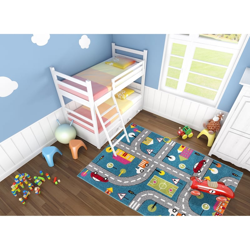 LaDole Rugs Kids Area Rug Cars and Roads City Theme in Blue 3'9" x 5'2"