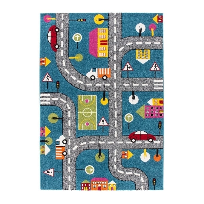 LaDole Rugs Kids Area Rug Cars and Roads City Theme in Blue 3'9" x 5'2"