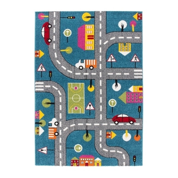 LaDole Rugs Kids Area Rug Cars and Roads City Theme in Blue 3'9" x 5'2"