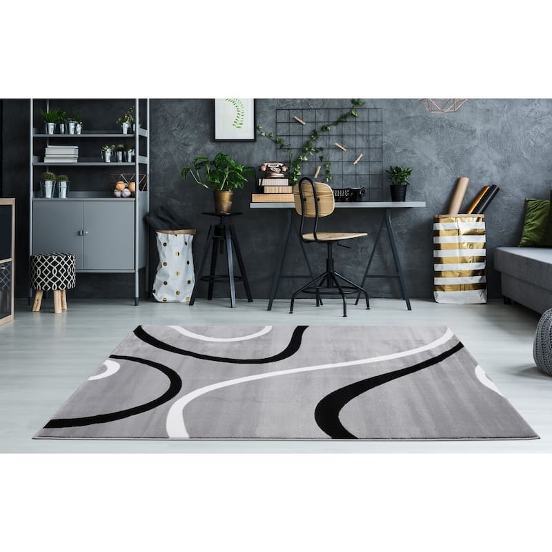 LaDole Rugs Durable Spiral Style Area Rug Grey Black White