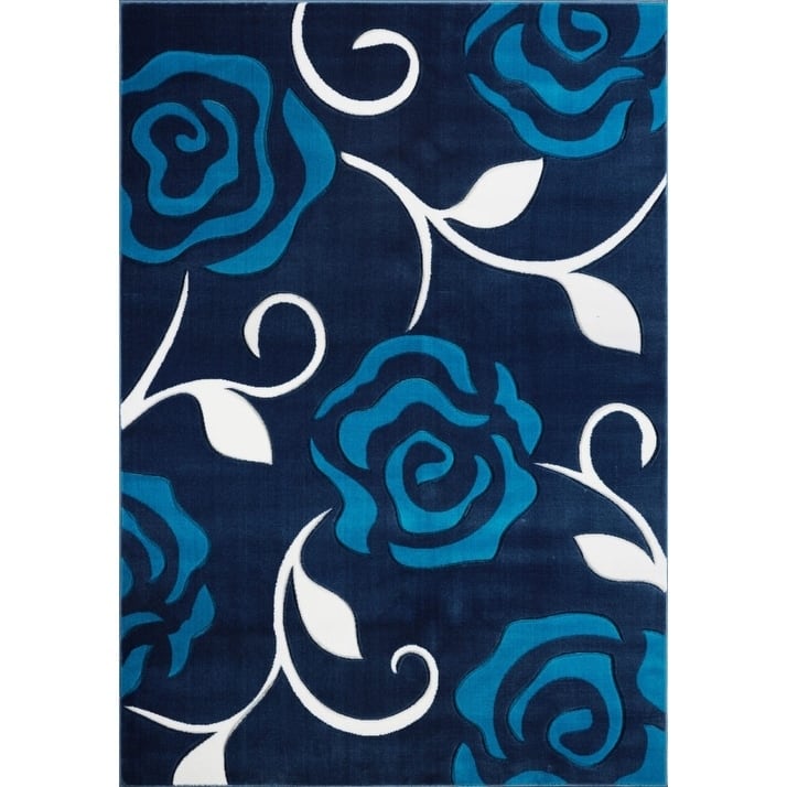 LaDole Rugs Rose Floral Pattern European Area Rug Runner Rug Navy Turquoise