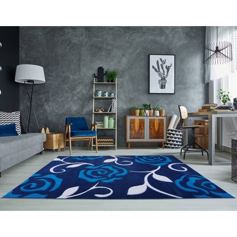 LaDole Rugs Rose Floral Pattern European Area Rug Runner Rug Navy Turquoise
