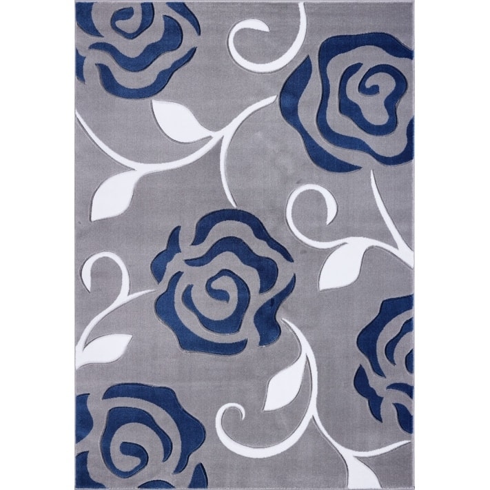 LaDole Rugs Rose Floral Pattern European Area Rug Runner Rug Navy Turquoise - 5'3" x 7'6"(160cm x 230cm) - Grey Blue