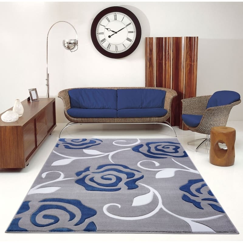 LaDole Rugs Rose Floral Pattern European Area Rug Runner Rug Navy Turquoise