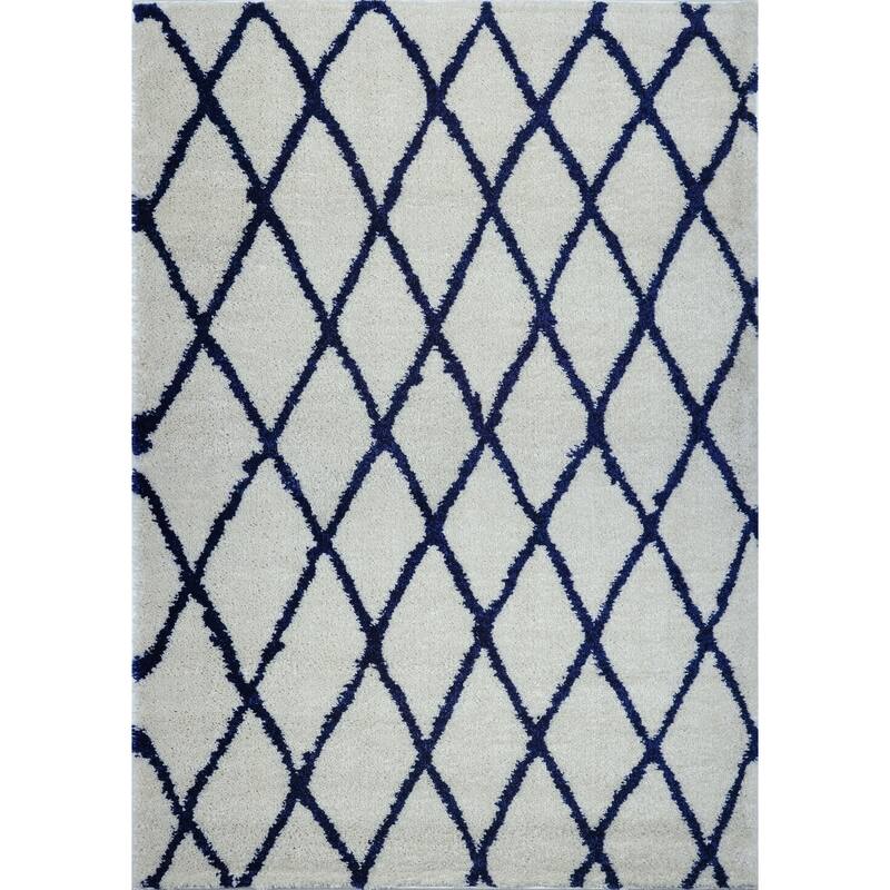 LaDole Rugs Geometric Trellis Stylish Area Rug in Dark Grey Ivory 4x6 - 6'5" x 9'5" (200cm x 290cm) - Ivory-Navy Blue