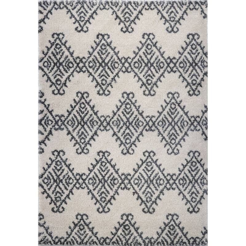 LaDole Rugs Soft Trellis Geometric Area Rug in Ivory Dark Grey 4x6 - 5'3" x 7'6"(160cm x 230cm) - Ivory-Light Grey