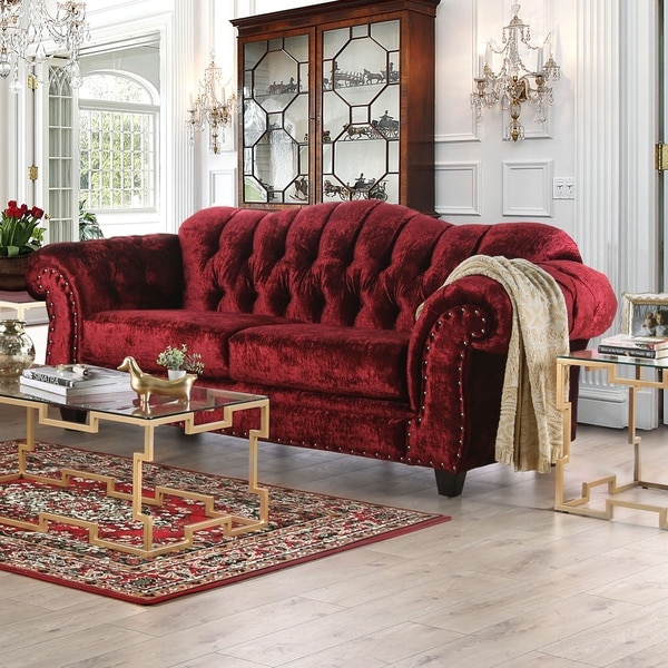 Furniture of America Tace Transitional Red Velvet Tufted Nailhead Sofa