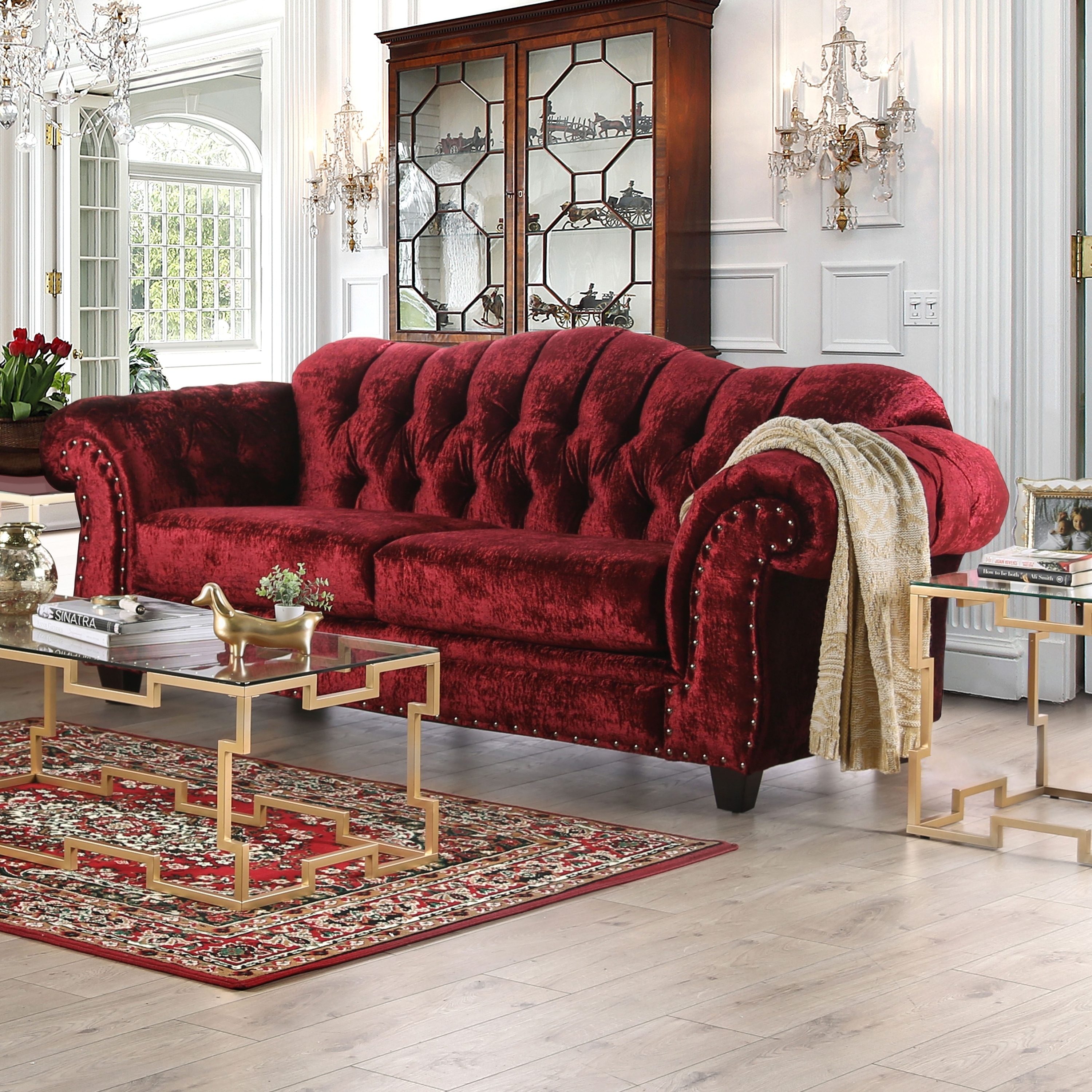 Furniture of America Tace Traditional Red Velvet Tufted Nailhead