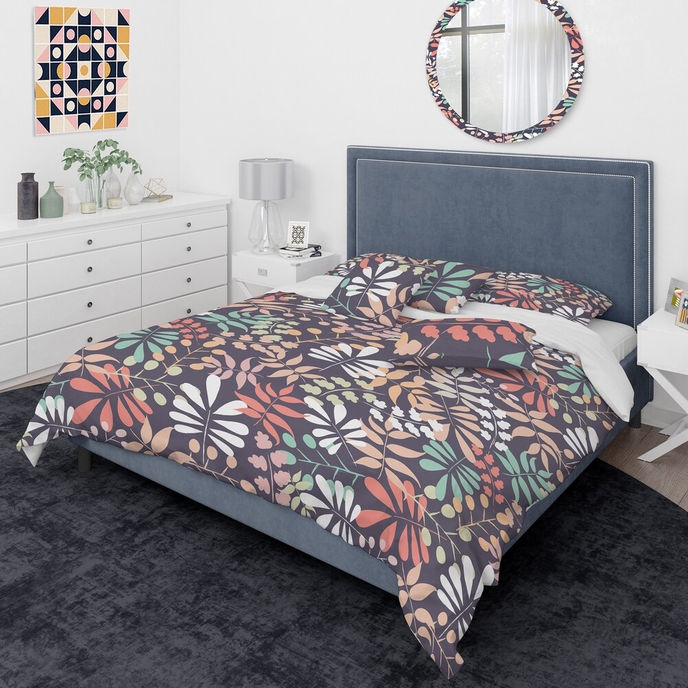 Retro Botanical Pattern II' Mid Century Purple Duvet Covers Botanic Leaf Stripe