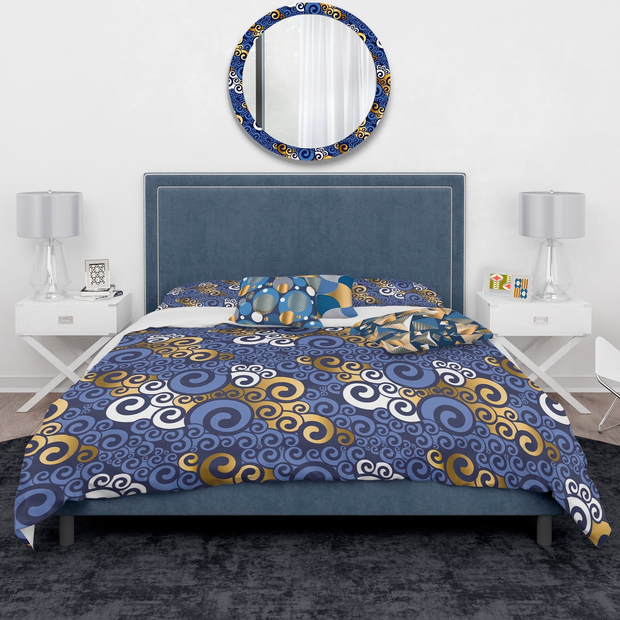 Designart 'retro Luxury Waves In Gold And Blue Iii' Mid-century Modern 