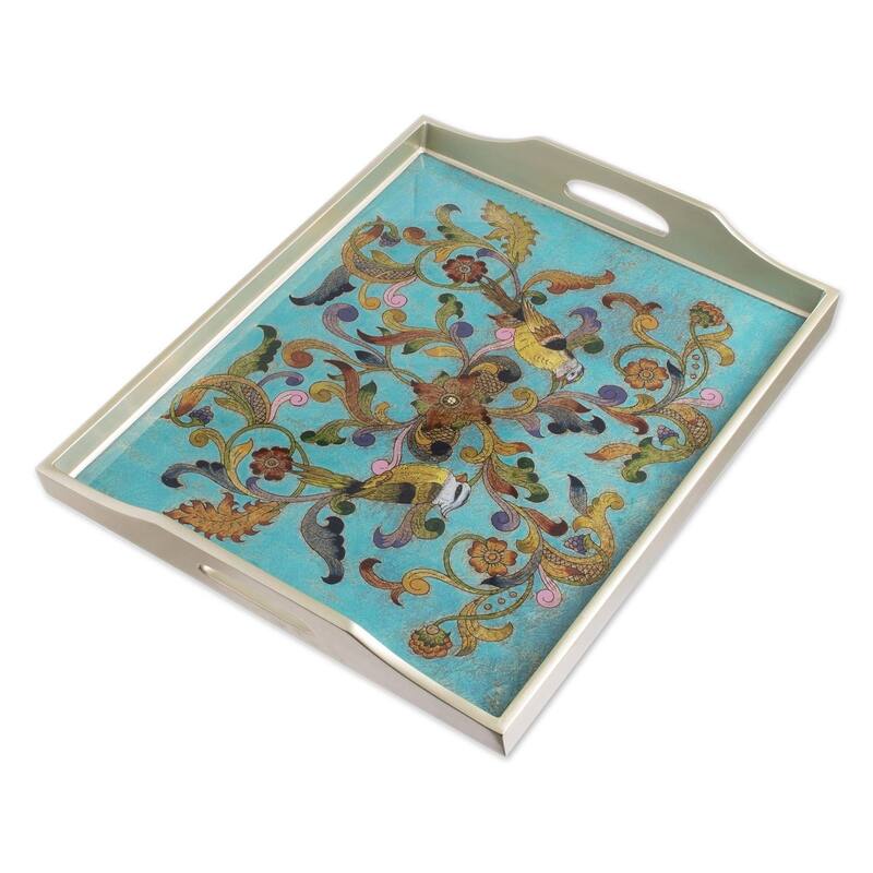 NOVICA Handmade Mystic Flora Reverse-Painted Glass Tray (Peru) - Multi - 1 Piece