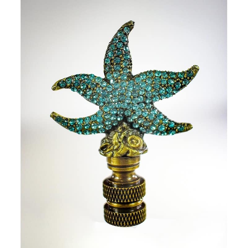 Starfish with Aegean Blue Glass Lamp Finial Antique Metal 2.5"h