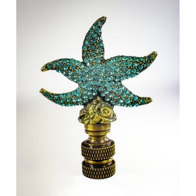Starfish with Aegean Blue Glass Lamp Finial Antique Metal 2.5"h