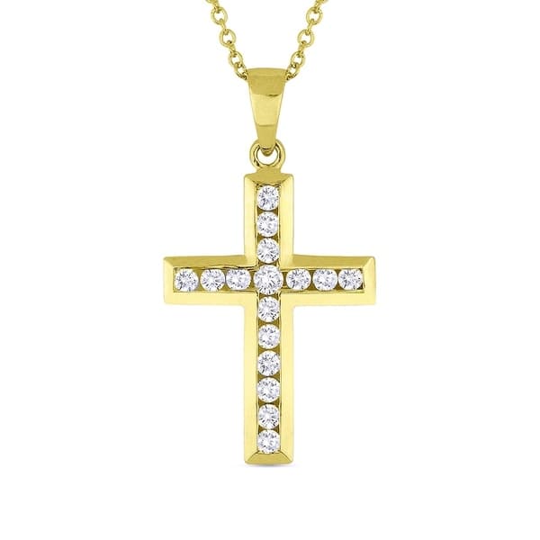 14K Yellow Gold Cross Pendant-Necklace with 0.26-ct Round White ...