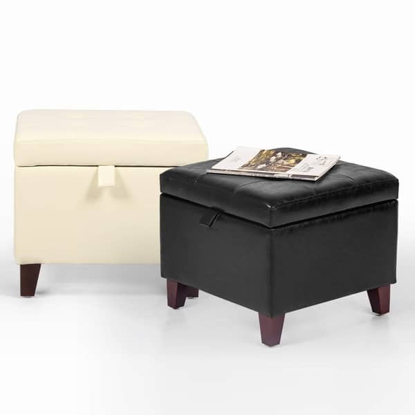 Adeco Square Faux Leather Storage Ottoman With Tufted Flip Faux Leather Storage Ottoman