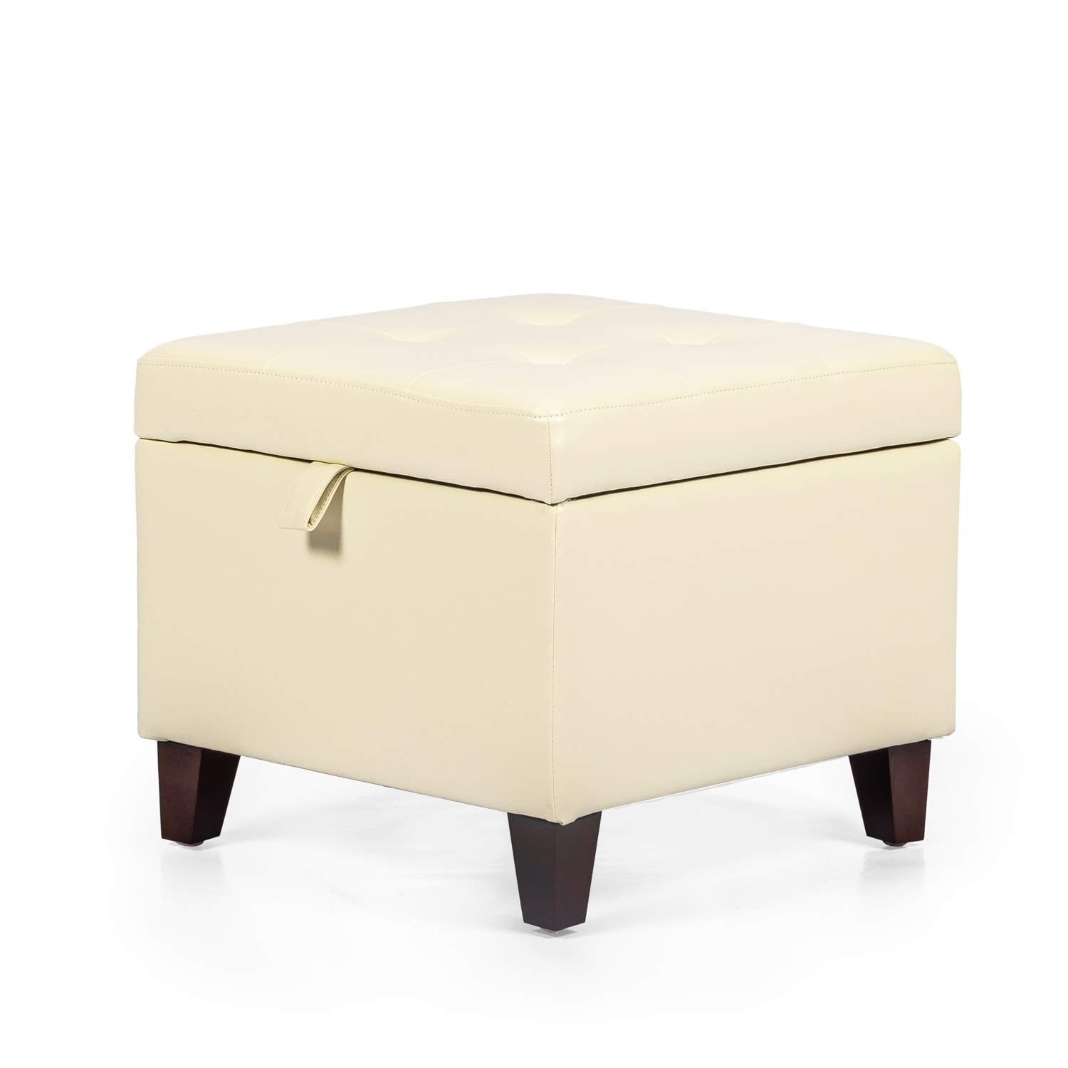 Adeco Square Faux Leather Storage Ottoman with Tufted Flip Top, 18x18x15, White