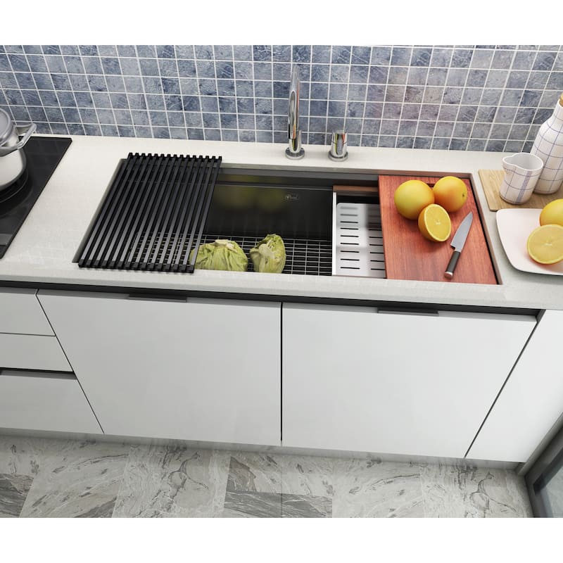 Stainless Steel ALL-IN-ONE Workstation 36 in. 16-Gauge Undermount Single Bowl Kitchen Sink w/ Build-in Ledge and Accessories