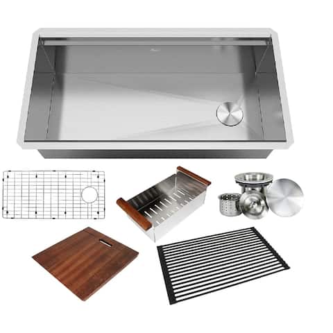 Stainless Steel ALL-IN-ONE Workstation 36 in. 16-Gauge Undermount Single Bowl Kitchen Sink w/ Build-in Ledge and Accessories