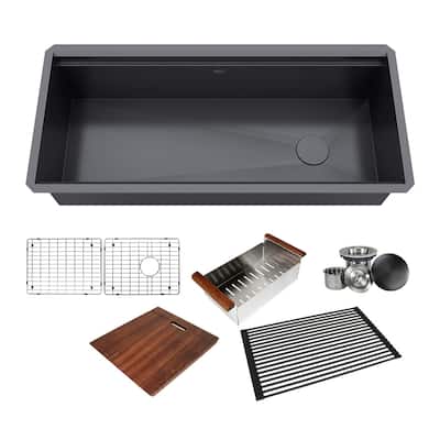 42 in. Stainless Steel Black ALL-IN-ONE Workstation 16-Gauge Undermount Single Bowl Kitchen Sink Build-in Ledge and Accessories