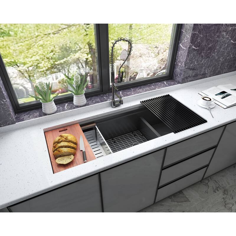 Black Stainless Steel Double Bowl Kitchen Sink and Accessories