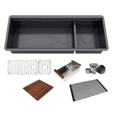 Black Stainless Steel Double Bowl Kitchen Sink and Accessories
