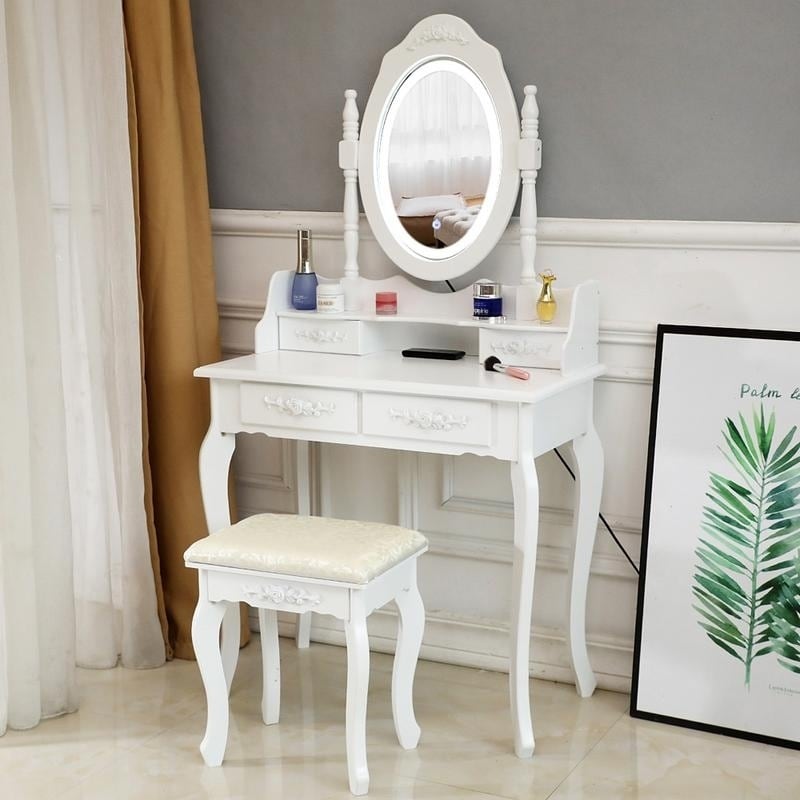 Shop The Gray Barn Farthing Lot Led Single Mirror White 4 Drawer Vanity Desk Overstock 29307154