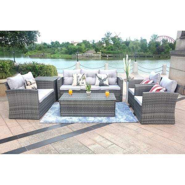 Shop Direct Wicker 6pcs Patio Rattan Wicker Furniture Set Sofa Loveseat Cushioned W Storage Box Overstock 29307167