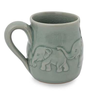 Handmade Light Blue Elephant Parade Celadon Ceramic Mug (Thailand)