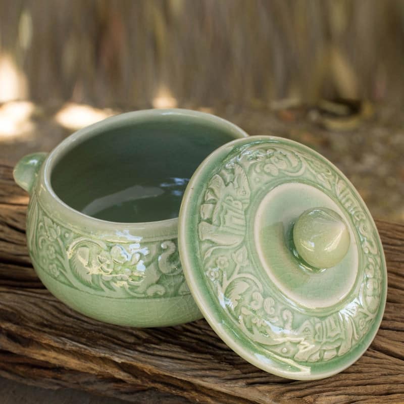 Handmade Green Elephant Forest Celadon Ceramic Covered Bowl (Thailand)