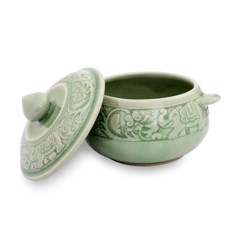 Handmade Green Elephant Forest Celadon Ceramic Covered Bowl (Thailand)