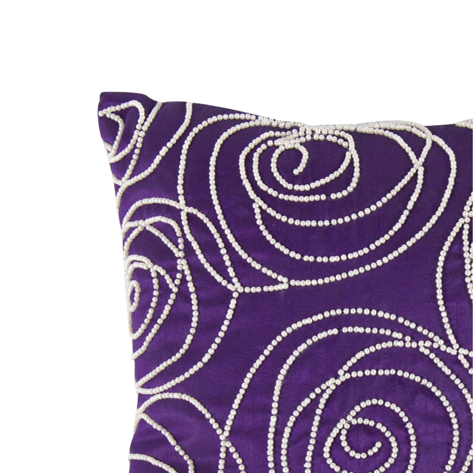 Designer Faux Silk Cotton Pillow with Pearl Beads, Purple and Silver ...