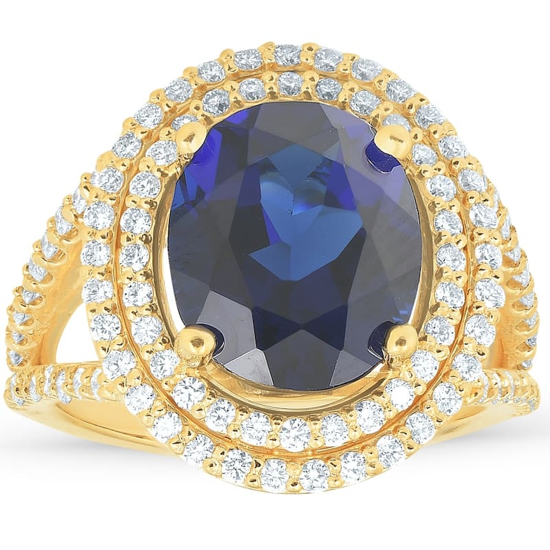 6 1/5ct Huge Diamond Oval Blue Sapphire Diamond Double Halo Ring Yellow Gold