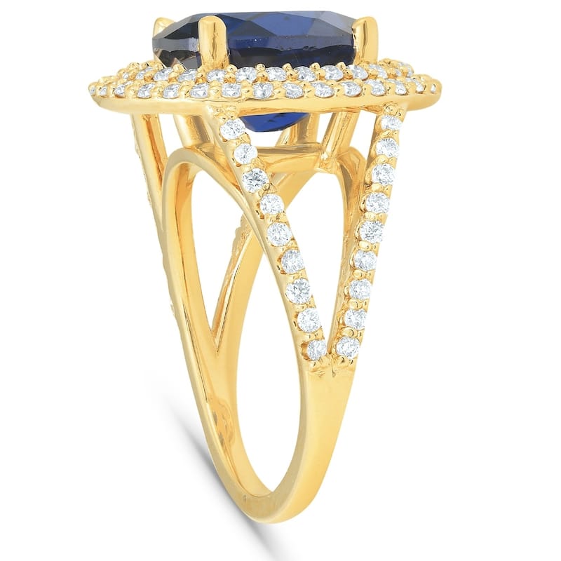 6 1/5ct Huge Diamond Oval Blue Sapphire Diamond Double Halo Ring Yellow Gold