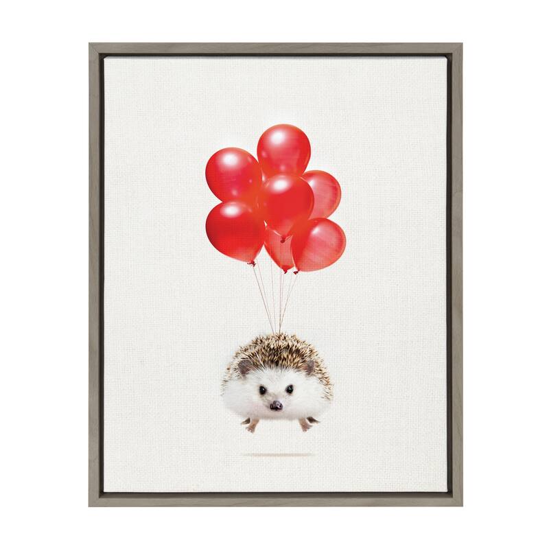 DesignOvation Sylvie Hedgehog Balloons Framed Canvas By Amy Peterson - 18x24 - Plastic - Grey