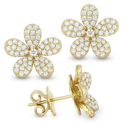 14k Yellow Gold Stud Flower Earrings with 1.17ct Round White Diamonds