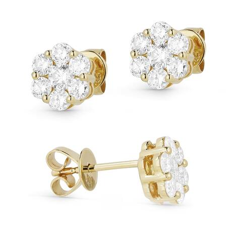 14k Yellow Gold Stud Flower Earrings with 0.92ct Round White Diamonds