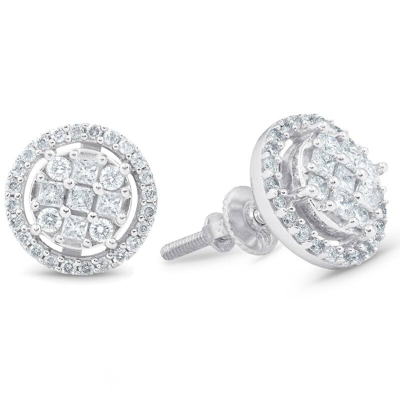 5/8 cttw Princess Cut Diamond Halo Screw Back Studs White Gold 9.5MM