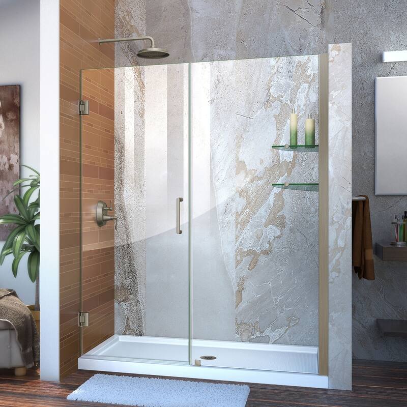 DreamLine Unidoor 56-57 in. W x 72 in. H Frameless Hinged Shower Door with Shelves - 56" - 57" W - 56" - 57" W - Brushed Nickel Finish