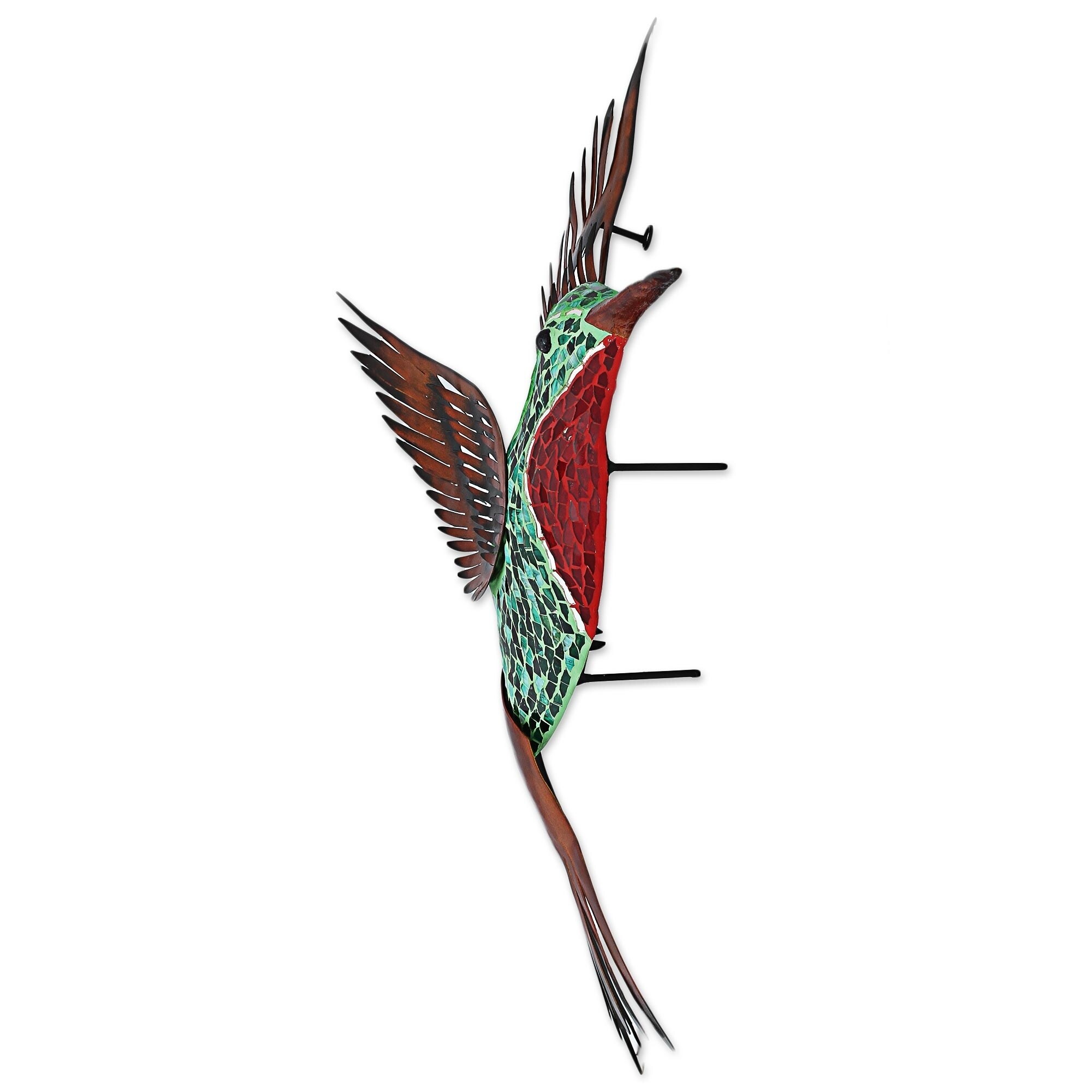 Green Hummingbird' NOVICA Animal Themed Large Glass Mosaic and Steel Wall Sculpture Green and Red 