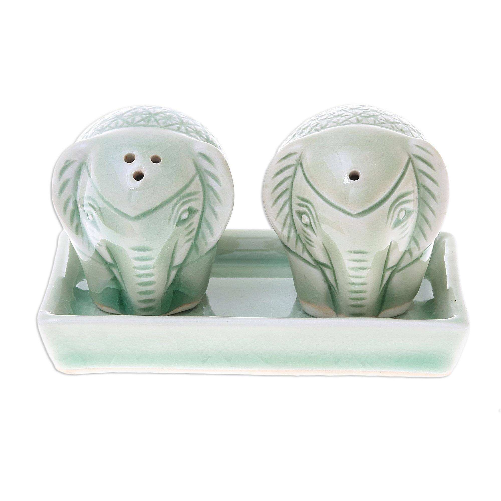 Matte White Ceramic Elephant Salt and Pepper Set with Tray - Eager Elephants  in White